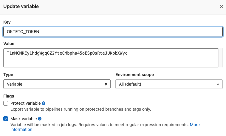 update variable with Okteto Token